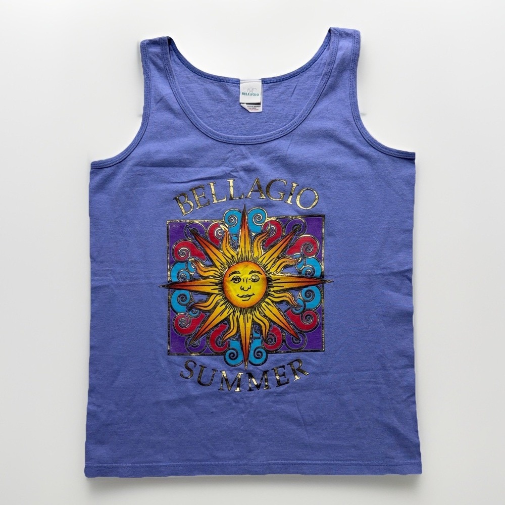 Vintage 90s Bellagio Las Vegas Tank Top Womens M Blue Celestial Foil Sun Tee